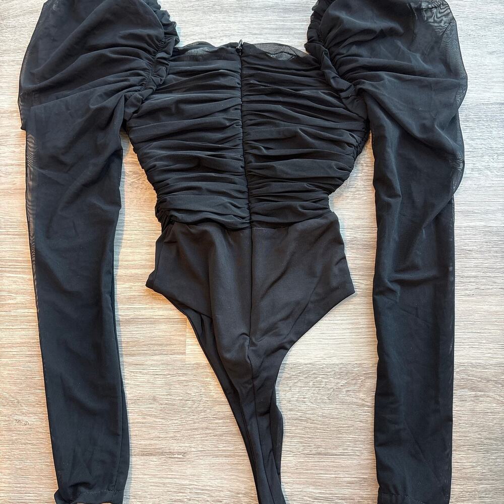 House of CB Emme Black Ruched Chiffon Puff Sleeve Bodysuit